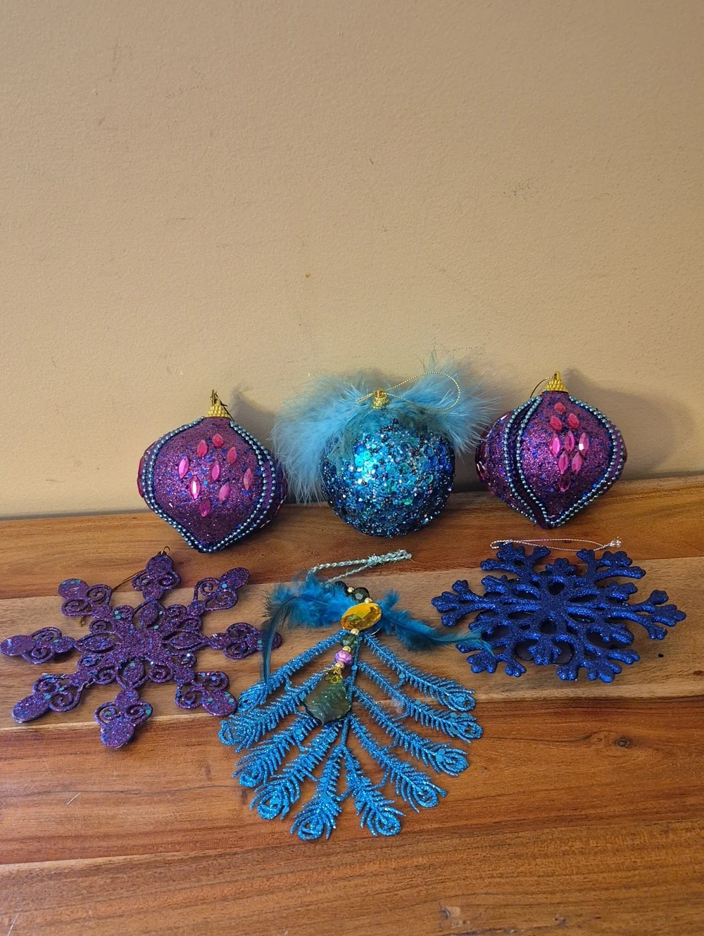 Teal Blue and Purple Glitter Holiday Ornament Set
